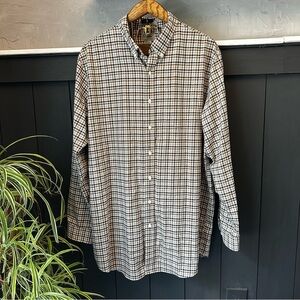 LL Bean Button Down Shirt Mens L Tall Tan Gray Plaid Long‎ Sleeve Pocket Cotton